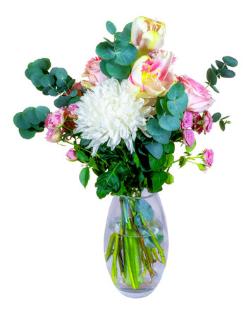 Closeup of an isolated flower arrangement in a glass vaseの写真素材