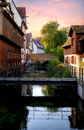 The historic Fischerviertel (fishermen's quarter) in the historic old town of Ulm (Germany)の写真素材