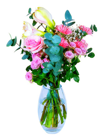 Closeup of an isolated flower arrangement in a glass vaseの写真素材