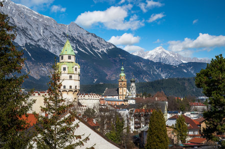 Cityscape of Hall in Tirol and the Karwendel mountain range (Austria)の写真素材