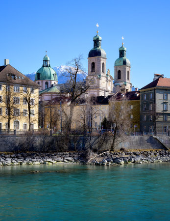Historic Innsbruck Cathedral at the Inn riverの写真素材