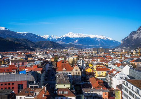 Aerial view of the city Innsbruck and the alpsの写真素材