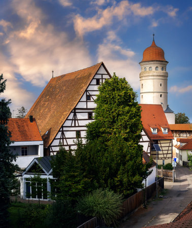Historic old town of Noerdlingen (Germany) with the city gate called Loepsinger Torの写真素材