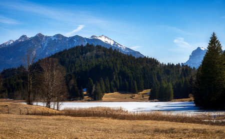 Alpine panorama at the frozen lake Gerold in Bavariaの写真素材