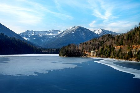 Frozen Sylvensteinspeicher barrier lake in Bavariaの写真素材
