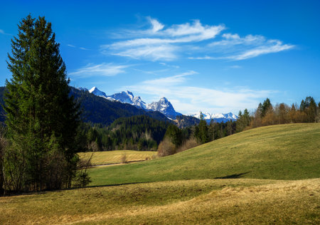Alpine landscape in Bavaria with view to the Wetterstein mountainsの写真素材