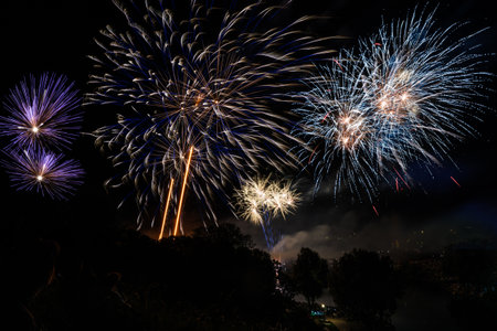 Firework display on the night sky at a festivalの写真素材