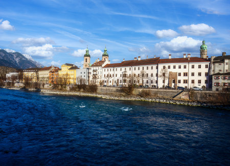 Waterfront of Innsburck old town at the Inn riverの写真素材