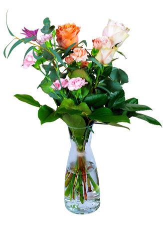 Closeup of an isolated flower arrangement in a glass vaseの写真素材