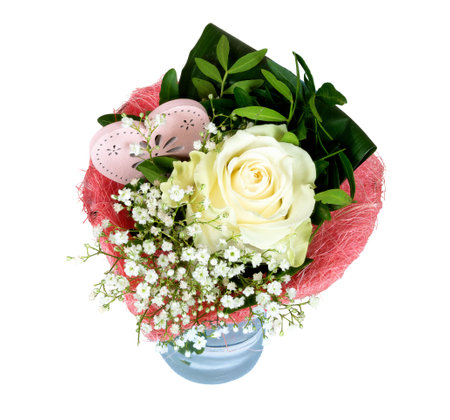 Closeup of an isolated flower arrangement in a glass vaseの写真素材