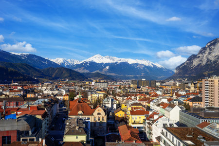 Aerial view of the city Innsbruck and the alpsの写真素材