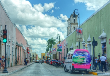 view of a colorful street of valladolid in yucatan mexicoのeditorial素材