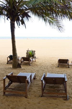 wooden chairs on tropical beachの写真素材
