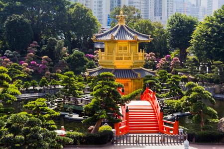 The Golden Pavilion of Perfection in Nan Lian Garden, Hong Kong, China  のeditorial素材
