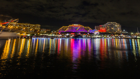 Sydney s CBD Darling harbor night scape and reflection during the annual Vivid Sydney festival  のeditorial素材
