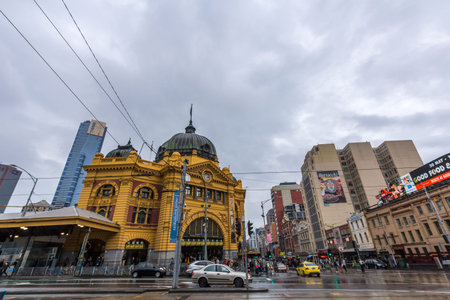 MELBOURNE, AUSTRALIA- JUNE 1, 2014  Flinders Street railway station is a railway station on the corner of Flinders and Swanston Streets in Melbourne  It serves the entire metropolitan rail network のeditorial素材