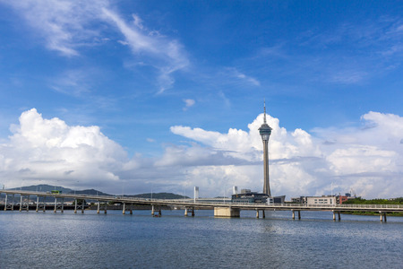 Beautiful view of Macau travel tower, Nam Van Lake, and Macau-Taipa Bridgeの写真素材