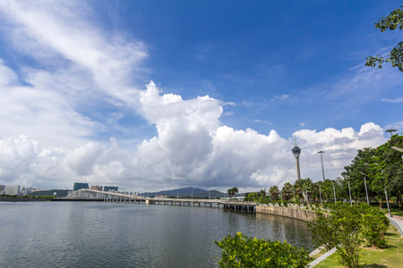 Beautiful view of Macau travel tower, Nam Van Lake, and Macau-Taipa Bridgeの写真素材