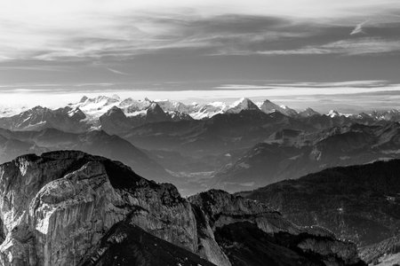 View of Snowy Swiss Alps from Mt. Pilatus in Lucerne, Switzerlandの写真素材