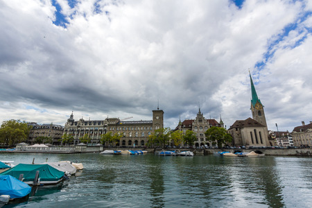 View of Fraumunster (Reichskloster Fraumunster) over Limmat river in Zurich, Switzerlandのeditorial素材