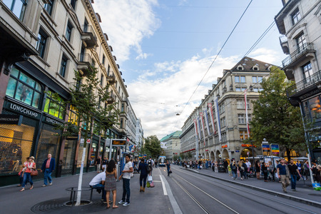Bahnhofstrasse is Zurich\'s main downtown street. In 2011, a study named the Bahnhofstrasse the most expensive street for retail property in Europe.のeditorial素材