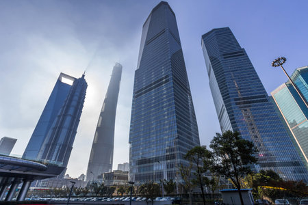 Skyscrapers in Lujiazui area in Shanghai, China with morning sun light