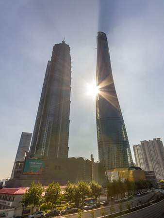 Shanghai Tower and Jin Mao Tower in Shanghai, China. These are the tallest and 3rd tallest buildings in Shanghai.のeditorial素材