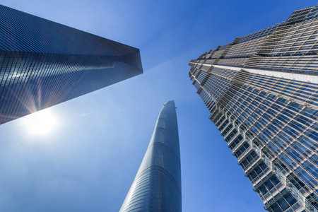 Shanghai Tower, World Financial Center and Jin Mao Tower in Shanghai, China. These are the tallest and 3rd tallest buildings in Shanghai.のeditorial素材