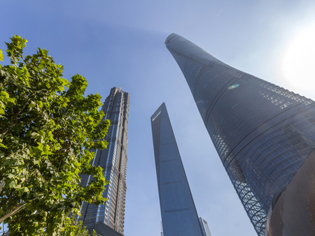Shanghai Tower, World Financial Center and Jin Mao Tower in Shanghai, China. These are the tallest and 3rd tallest buildings in Shanghai.のeditorial素材