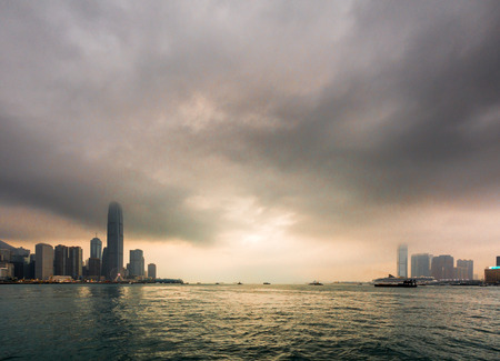 View of modern skyscrapers in downtown Hong Kong, China. Hong Kong is an international financial center that has 112 buildings that stand taller than 180 metersのeditorial素材