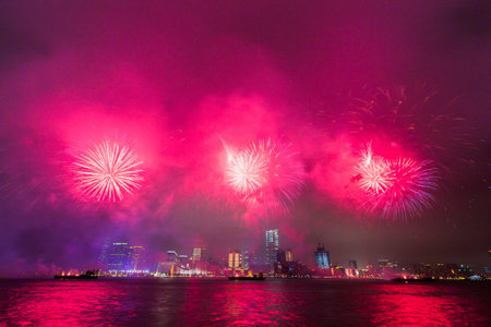 Hong Kong New Year Fireworks over Famous Victoria Harbor.