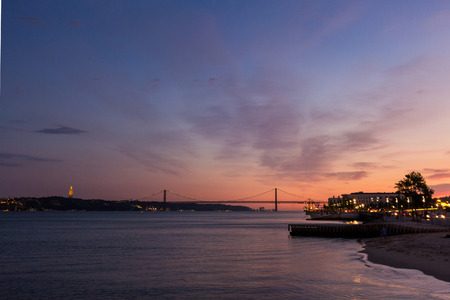 Beautiful sunset over river Tagus in Lisbon Portugalの写真素材
