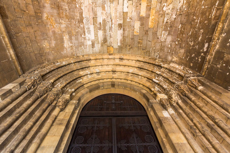 Inside view of Lisbon Cathedral which is a Roman Catholic Cathedral located in Lisbon Portugal. It is a mix of different architectural styles.のeditorial素材