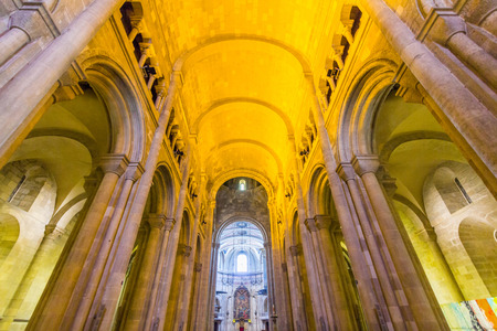 Inside view of Lisbon Cathedral which is a Roman Catholic Cathedral located in Lisbon Portugal. It is a mix of different architectural styles.のeditorial素材