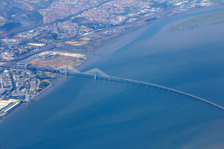 Aerial view of Vasco da Gama bridge in Lisbon, Portugal