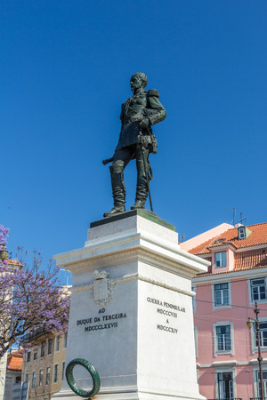 A famous statue in Duque da Terceira Square. It is located in central Lisbon near the Cais do Sodre train station in Lisbon, Portugal.のeditorial素材