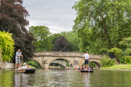 Punting in summer on the river Cam. There are several companies on the Cam operating tours and hiring punts to visitors.のeditorial素材