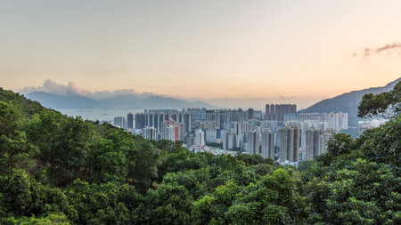 View of  and Tuen Mun skyline and South China sea from Turn Mun trail at sunset