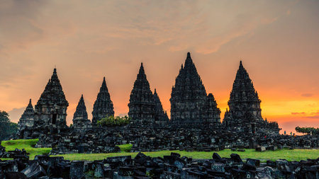 Sunset over Prambanan temple near Yogyakarta in Central Java, Indonesiaの写真素材