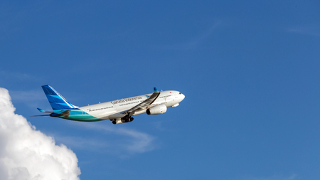Garuda Indonesia airplane departing from the Hong Kong International Airport. Garuda Indonesia is the national airline of Indonesia.のeditorial素材