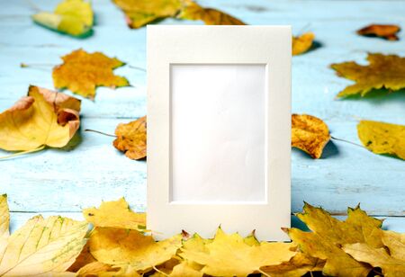 Autumn  composition background.  Yellow and  rusty  leaves t on blue wooden background with blank photo frame for text  . Top view, copy space,  flat lay .の写真素材