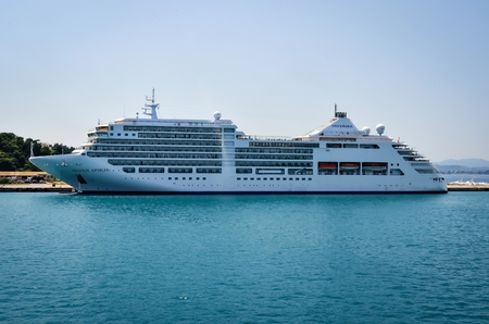 Greece, Kerkira- June 5, 2015 : Silversea Silver Spirit Cruise Ship  docked in  harbor .のeditorial素材