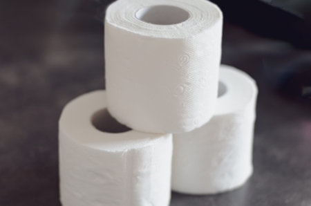 Close-up of the last pieces of   toilet paper rolls products for sale     on the  store shelf .