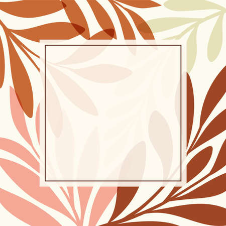 Square template with botanical elements. Modern vector floral illustration for print design, social media post, web ads. Abstract plant background.のイラスト素材
