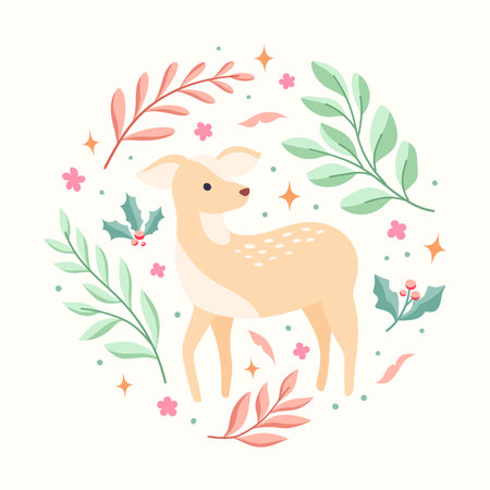 Vector decorative Christmas design elements. Cute illustration with deer, leaves, xmas elements for greeting cards, social media post, print design.のイラスト素材