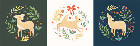 Vector decorative Christmas design elements. Cute illustration with deer, leaves, xmas elements for greeting cards, social media post, print design.のイラスト素材