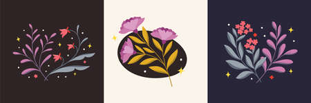 Vector modern floral arrangement background. Cute delicate botanical illustration with leaves and plants.のイラスト素材