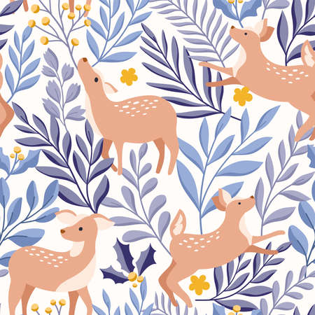Vector Seamless Pattern with Christmas design elements. Cute background illustration with deer, floral decorative elements for fabrics, textile, wrapping paper.のイラスト素材