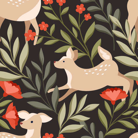 Vector Seamless Pattern with Christmas design elements. Cute background illustration with deer, floral decorative elements for fabrics, textile, wrapping paper.のイラスト素材
