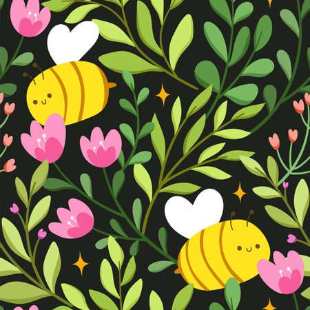 Vector seamless pattern of cute bees and flowers. Modern floral background. Decorative botanical texture for fabric, textile,Â  wallpaper, design.のイラスト素材